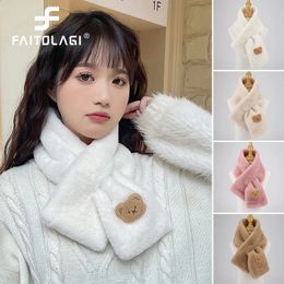 Scarves Winter Women Plush Scarf Soft Faux Rabbit Fur Snood Solid Colour Neck Collar Cartoon Bear Girl Neckerchief Warmer Stuff 231116