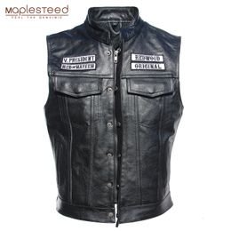 Men's Vests Embroidery Motorcycle Vest Men Leather Sleeveless Jacket Real Cowhide Club Riding Biker M008 231116