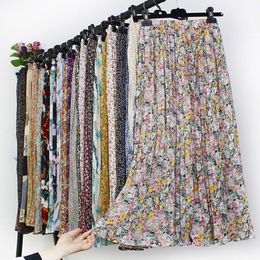 Skirts Women Summer Boho Chiffon Long Skirt Elegant Floral Print Pleated Skirts Elastic High Waist Casual Midi Skirt Women Clothes 230417