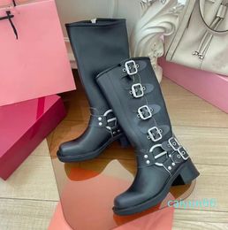 Winter Harness Belt Buckled cowhide leather Biker Knee Boots chunky heel Knight boots Fashion square toe Ankle Booties for women shoes
