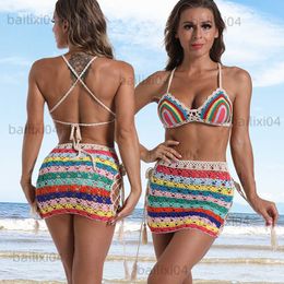 Women's Swimwear 3-piece Set Hand Crochet Mini Tight Fit Bikini Swim Skirt Beach Women Swimsuit Bathing Suit T230417