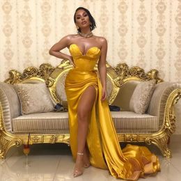 Sexy Yellow Gold Mermaid Prom Dress 2024 Sweetheart Satin Split Long Evening Dress Formal Party Gowns Black Girls Robe De Soiree Custom Made