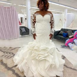 2024 Mermaid Wedding Dress Illusion Long Sleeve O Neck Appliques Lace Ruffles Train Beading Bridal Gown For Black Girl Vestidos De Novia Custom