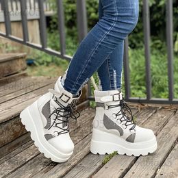 Boots Women Punk-Style Y2K Ankle Boots Studded Buckled Lace Up Wedge Heels T231117