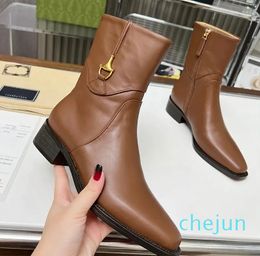 Women Pointed Toe Boot Designer Classic Printed Horsehead Buckle Fashion Opening Imported Cowhide Low Heel Non slides Ladies Booties