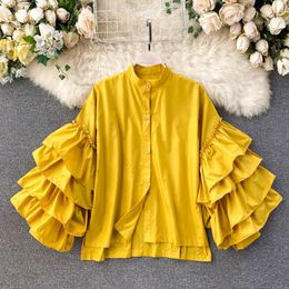 Women's Blouses Shirts Spring Autumn Women's Blouse Korean Style Multi-layer Ruffled Flare Sleeve Solid Color Shirt Loose Stand Collar Tops GX499 230417