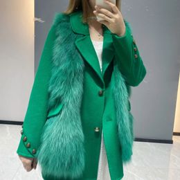 Women's Wool Blends MISSJANEFUR Coat with Detached Fur Vest for Women Fashion Green Female Winter Real Cashmere Blazer Outerwear 231116