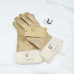 Winter designer gloves luxury leather five fingers gloves women short fleece thickened glove vintage trendy solid simple protective mens gloves