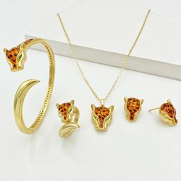 Wedding Jewellery Sets Leopard Head Inlaid Woman 4pcs sets Plated Golden Bridal For Women Party African Dubai Gift 231117