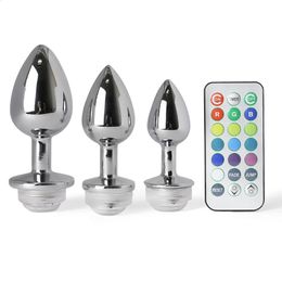 Anal Toys Stainless Steel Anal Plug Butt Stimulator Toys Smooth Metal RGB Light Remote Control Anal Plug Sex Toys For Couples Gay Anal 231116