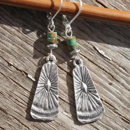 Dangle Earrings Bohemian Round Inlaid Green Stones Drop Ethnic Silver Color Metal Hand Carved Ancient Pattern