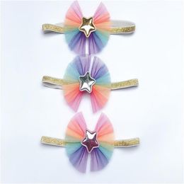 Boutique ins 15pcs Fashion Cute Glossy PU Star Bow Headbands Rainbow Mesh Bowknot Glitter Soft Hairbands Princess Headwear1216x