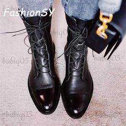 Boots Women's Boots New Fashion Lace Up Black Ladies Flat Leather Shoes Pointed Toe Party Female Motorcycle Boots T231117