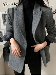 Womens Suits Blazers Yitimoky Wool Loose Women Blazer Fashion Office Ladies Button Up Turn Down Collar Coats Vintage Long Sleeve Chic Jacket 231116