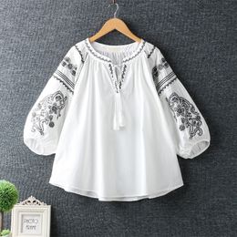 Women's Blouses Shirts Women Summer Ethnic Vintage Mexico Boho Style O-Neck Lantern Sleeve Loose Embroidery Lace Up Blouse Shirt Tops Feminina 230417