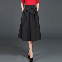 Skirts Plus Size Elastic High Waist Belt Lace Up Bowknot Midi Skirt Office Lady Black Pleated Korean Fashion Skirt Elegant 230417