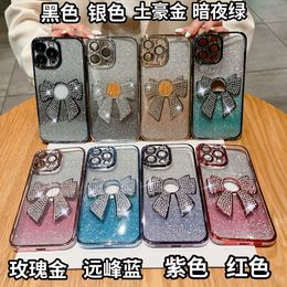 Bow Bling Gradient Glitter Soft TPU Cases For Iphone 15 14 Plus 13 12 11 Pro Max Luxury Diamond Bowknot Chromed Plating Clear Camera Lens Protector Fine Hole Phone Cover