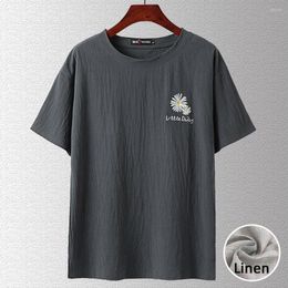 Men's T Shirts Linen T-shirts Men Short Sleeve Tees Tops Summer Daisy Embroidery Male Fashion Casual Tshirt