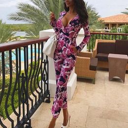 Women's Jumpsuits AHVIT Rose Red Printed Elegant Women Deep V Neck Long Sleeve Bandage Sexy Party Romper Autumn Winter Catsuit MZ-F8019