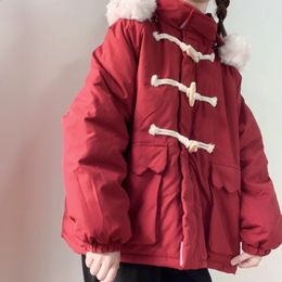 Women's Down Parkas Vintage Red Hooded Parka For Women Thick Warm Winter Horn Button Cotton Padded Jacket Coat Female Japanese Casual Loose Outwear 231116