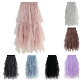 Skirts Multi Layers Irregular Elastic Waist Mid-calf Length Women Skirt See-through Wide Band Lady Mesh Clothes