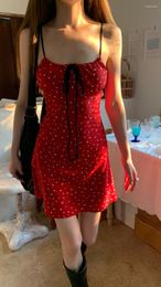 Casual Dresses Sweet Girl Adjustable Shoulder Strap Little Red Dress Women's Lace-up Polka Dot Slim Fit Short Fashion Female Clothes