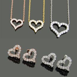 Designer Jewellery Women Diamond Heart Pendant Necklaces Rose gold Earrings Suits Never Fading Stainless Steel 3 Colours Silver Golde280J