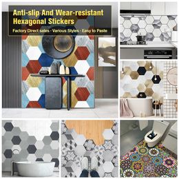 Wall Stickers 21 Styles Hexagon Tiles Floor Stickers Kitchen Bathroom TV Sofa Wall Home Decor Peel Stick Wear-resistant Art Wall Decals 230417