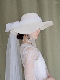 Wide Brim Hats Long Gauze Bow Sun Hat 15Cm Straw Summer Handmade White Black Purple Mesh Bowknot Women Brimed Sombrero Cap