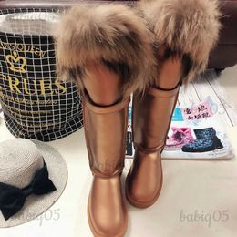 Boots Winter Natural Fox Fur Long Boots Winter Fur Black Genuine Leather Snow Boots Knee- High Boots Waterproof Flat Raccoon Fur Boot T231117