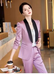 Women's Two Piece Pants Women Satin Suit Vintage Office Lady Single Button Spliced Shawl Collar Blazer Female High Waist Two-piece Set