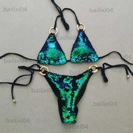 Women's Swimwear Quick Dry 2 Pcs/Set Fabulous Sequin Halter Neck Summer Swimsuit Thong Summer Bikini Set Breathable Material Bathers T230417