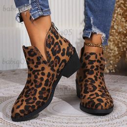 Boots Retro Leopard Square Heels Short Boots Women 2023 Autumn Back Zipper Ankle Boots Woman Side V-Cut Pointed Toe Chelsea Booties 43 T231117