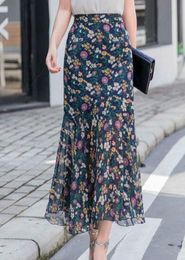 Skirts High Waist Mermaid Chiffon Skirt Women Flower Print Skirt Womens Summer Beach Women's Floral Skirts A Line Korean Style 230417