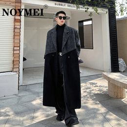 Men's Wool Blends NOYMEI Autumn/Winter Korean Style All-match Black Grey Patchwork Irregular Wide Woollen Coat Lapel Temperament Men Jacket WA3441 231117