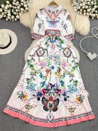 Casual Dresses Fashion Runway Spring Summer Flower Print Dress Women Lapel Collar Half Sleeve High Waist Vacation Party Elegant Long