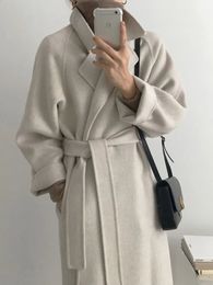 Women's Wool Blends Long Woolen Coat Women Autumn Winter Warm Overcoat Female Elegant Fashion LaceUp Outerwear Ladies Casual Loose Chic Coats 231116