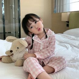 Pajamas Girl's Turndown Collar Pink Plaid Pajama Sets Cute Kid Vintage Toddler Kid's Pyjamas Set Sleep Loungewear Children's Clothing 231117