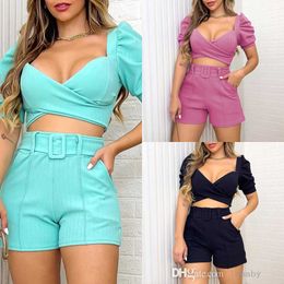 Summer Tracksuit Women Designer Clothing Puff Sleeve Deep V-Neck Short Top High-Waist Shorts Solid Colour Two Piece Set Women With Belt