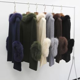 Women's Hoodies Sweatshirts Autumn Women Knitted Poncho With Real Fur Collar Cuff Fashion Casual Genuine Wool Warm Pullover Sweater Jumper Wholesale 231116