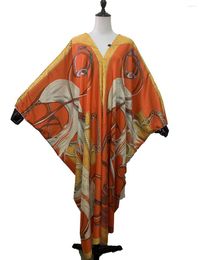 Ethnic Clothing Bohemian Fashion Printed V-neck Silk Kaftan Maxi Dresses For Women Good Quality Dashiki 2023 Summer Muslim Dress