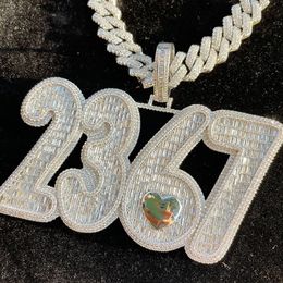 Bling Iced Out Custom Name CZ Baguette Letters Numbers Pendant Big Size Gold Silver Color Nacklace for Men Hip Hop Jewelry