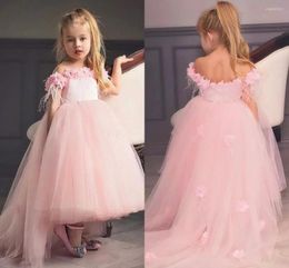 Girl Dresses Pink High Low Flower Girls Off The Shoulder Tulle Satin Princess Wedding Birthday Party Pageant