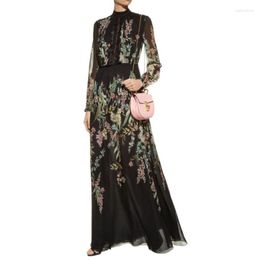 Casual Dresses Runway High Womens Quality 2023 Spring Vintage O-neck Long Sleeve Black Floral Print Maxi Dress Chiffon Vestido Feminino