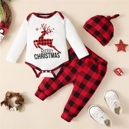 Rompers born Baby Boy and Girl Merry Christmas Clothes Set Deer Print Long Sleeve Romper Plaid Pant Hat Autumn Winter 3PCS Outfit 231117