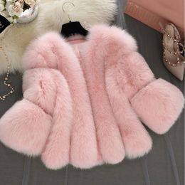 Women's Fur Faux Fur Winter fur coat splicing seven-point sleeve casual Korean large size faux fur coat short women faux fox fur coat 231117