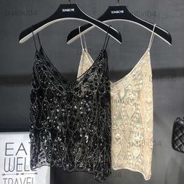 Women's Tanks Camis Perspective Sexy V-Neck Flowers Embroidery Sequins Camisole Hollow Mesh Beaded Vest Sleeveless Shirts Crop Mesh Splice Tank Tops T230417