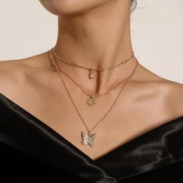 Pendant Necklaces Multi-layer Fashion Drop Water Hollow Flower Crystal Butterfly Necklace Women Personality Short Choker Jewellery