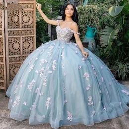 2024 Princess Quinceanera Dresses 3D Floral Appliques Off The Shoulder Backless Long Light Blue Tulle Ball Gown Sweet 16 Dress Vestidos De 15 Anos Quinceaneras