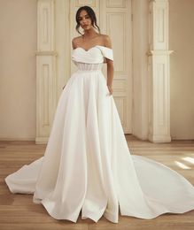 Elegant Long Satin Beaded Wedding Dresses With Pockets A-Line Off Shoulder Ivory Sweep Train Bridal Gown Corset Back Vestido de novia Women Dresses